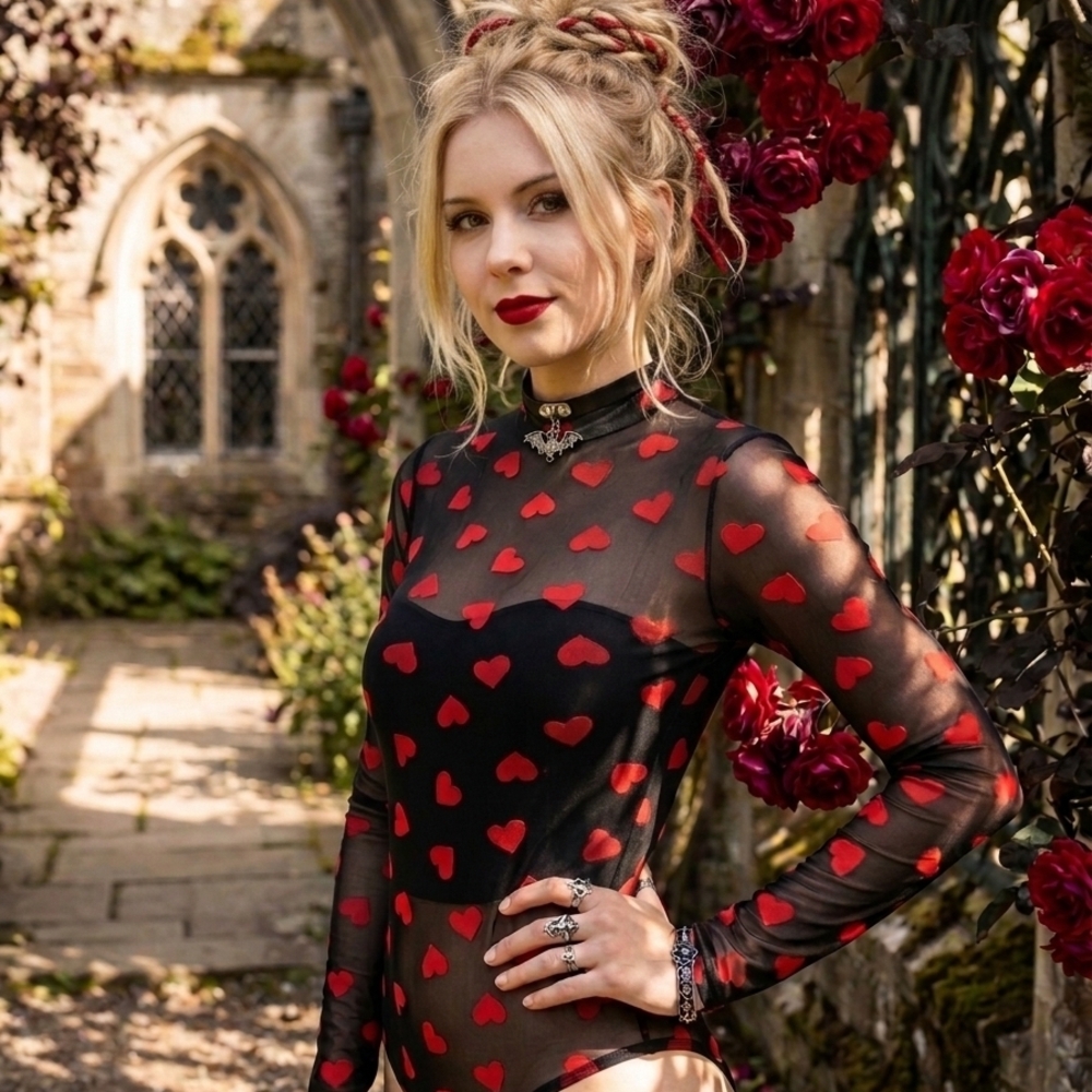 Hot Topic Black Sheer Long-Sleeve Bodysuit with Red Heart Print.